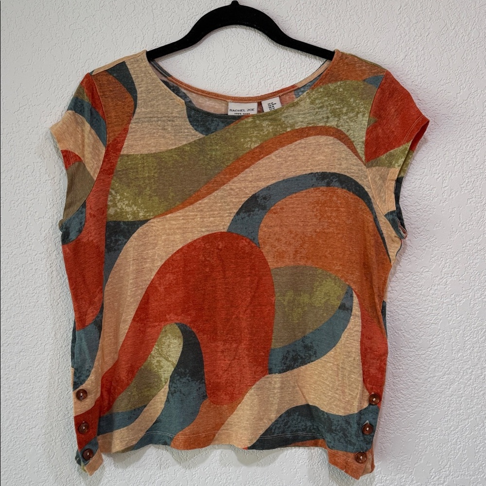 Rachel Zoe 100% Linen Abstract Print Top Medium Boho Lightweight Summer Blouse